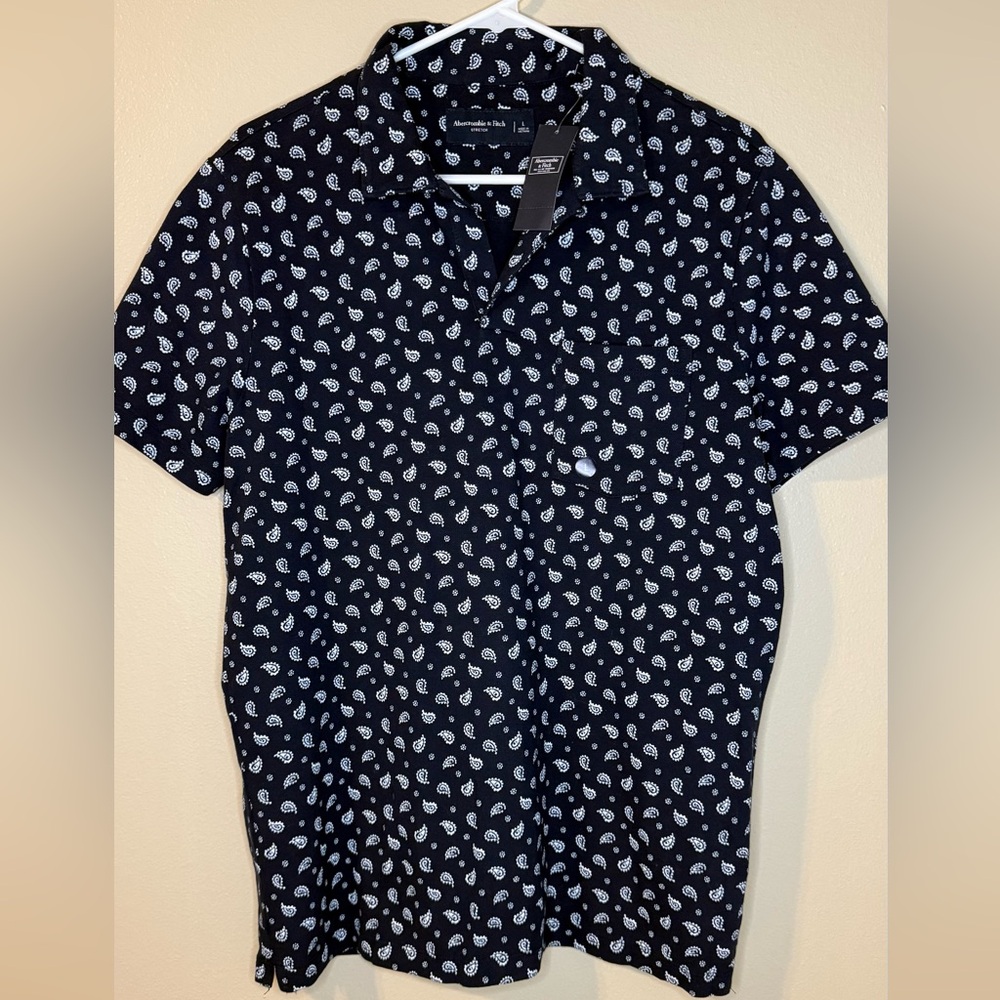 Abercrombie & Fitch Polo Shirt Mens L Stretch Dark Blue Paisley Short Sleeve